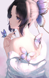 Rule 34 | 1girl, absurdres, back, black hair, bug, butterfly, butterfly hair ornament, butterfly on hand, commentary request, from behind, hair ornament, hand up, haori, highres, insect, japanese clothes, kimetsu no yaiba, kochou shinobu, looking to the side, medium hair, off shoulder, purple butterfly, purple eyes, revision, sidelocks, single bare shoulder, solo, tooku0, upper body