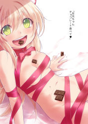 Rule 34 | 1girl, :d, alphy, animal ears, arm support, bed sheet, blonde hair, candy, chocolate, chocolate bar, food, food in mouth, food on body, green eyes, highres, long hair, looking at viewer, naked ribbon, navel, nude, open mouth, original, ribbon, smile, solo, translated, valentine, white background