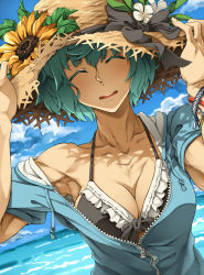 Rule 34 | 1girl, armpits, bikini, bikini top only, black bikini, bracelet, breasts, cleavage, close-up, collarbone, commentary request, day, closed eyes, flower, green hair, hat, hat flower, highres, jewelry, kasetsu 03, large breasts, looking at viewer, ocean, off shoulder, sei asagiri, short hair, short sleeves, solo, sun hat, swimsuit, unzipped, upper body, va-11 hall-a