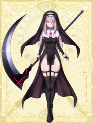Rule 34 | 1girl, arms at sides, breasts, capelet, chain paradox, cocytus (wind master), covered navel, eyes visible through hair, fingerless gloves, gloves, habit, hair over one eye, holding, holding scythe, long hair, looking at viewer, medium breasts, no panties, nun, pelvic curtain, pink hair, red eyes, scythe, solo, standing, straight-on, thighhighs, wrist cuffs, yellow background