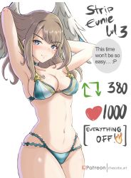 Rule 34 | 1girl, armpits, arms behind head, bikini, blue eyes, breast tattoo, breasts, chascoby, choker, cleavage, eunie (xenoblade), head wings, highres, large breasts, long hair, looking at viewer, meme, navel, patreon username, simple background, smile, solo, swimsuit, tattoo, twitter strip game (meme), white wings, wings, xenoblade chronicles (series), xenoblade chronicles 3