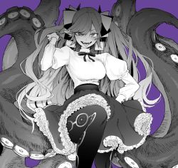 Rule 34 | 1girl, breasts, commentary request, fangs, frilled skirt, frills, greyscale, greyscale with colored background, hair between eyes, hair ribbon, hand in own hair, highres, horns, large breasts, long hair, long sleeves, looking at viewer, maki keigo, monochrome, monster girl, neck ribbon, open mouth, original, pantyhose, puffy long sleeves, puffy sleeves, purple background, ribbon, scylla, shirt, simple background, skirt, solo, tentacles, tongue, tongue out, turtleneck