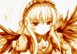 Rule 34 | 00s, 1girl, bad id, bad pixiv id, female focus, godees, highres, monochrome, rozen maiden, solo, suigintou, traditional media, white background