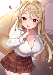 Rule 34 | 1girl, animal ears, blonde hair, blush, breasts, cleavage, collared shirt, fang, fox ears, fox girl, fox tail, hand on own hip, hand up, heart, highres, index finger raised, indoors, kawagami raito, large breasts, leaning forward, lips, long hair, long sleeves, looking at viewer, mole, mole on breast, open clothes, open mouth, open shirt, orange eyes, original, partially unbuttoned, plaid, plaid skirt, pleated skirt, shirt, shirt tucked in, skirt, smile, solo, tail, very long hair