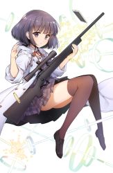 Rule 34 | 1girl, black eyes, black footwear, black hair, black skirt, bolt action, brown thighhighs, cellphone, closed mouth, coat, darwin&#039;s game, expressionless, from side, full body, gun, highres, holding, holding gun, holding weapon, kashiwagi rein, knees together feet apart, loafers, miniskirt, mole, mole under eye, neck ribbon, official art, phone, plaid, plaid skirt, pleated skirt, remington model 700, ribbon, rifle, school uniform, shell casing, shoes, short hair, skirt, sleeves rolled up, smartphone, sniper rifle, solo, takahata yuki, thighhighs, weapon, white coat, wing collar