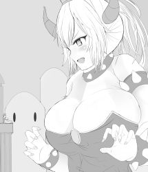 Rule 34 | 1girl, absurdres, alicemagic, armlet, bare shoulders, borrowed design, bowsette, bracelet, breasts, cleavage, collar, crown, dress, fang, fingernails, giant, giantess, greyscale, highres, horns, jewelry, large breasts, mario, mario (series), monochrome, new super mario bros. u deluxe, nintendo, open mouth, ponytail, sharp teeth, size difference, spiked bracelet, spiked collar, spikes, super crown, teeth, turtle shell