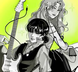 Rule 34 | 2girls, audio cable, bandaid, bandaid on face, black nails, blunt bangs, blush, cable, cellphone, earphones, earrings, electric guitar, fender stratocaster, green theme, greyscale with colored background, guitar, highres, hiraeth 24, instrument, jewelry, kininatteru hito ga otoko ja nakatta, koga mitsuki, leaning on person, multiple girls, multiple rings, oosawa aya, phone, procreate (medium), ring, shared earphones, smartphone, sparkle, wavy hair