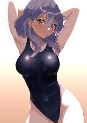 Rule 34 | 1girl, absurdres, ako (blue archive), armpits, arms behind head, bare arms, bare legs, bare shoulders, black one-piece swimsuit, blue archive, blue eyes, blue hair, blush, breasts, closed mouth, collarbone, cowboy shot, hair between eyes, highres, large breasts, long hair, looking at viewer, melow menow, one-piece swimsuit, school swimsuit, solo, swimsuit