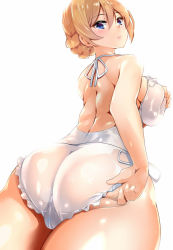 Rule 34 | 10s, 1girl, adjusting clothes, adjusting swimsuit, alternate costume, amasora taichi, ass, bare arms, bare shoulders, blonde hair, blue eyes, blush, braid, breasts, cameltoe, closed mouth, clothes pull, commentary request, curvy, darjeeling (girls und panzer), deep skin, fat mons, girls und panzer, hair between eyes, halterneck, hand on own chest, highres, hip focus, huge ass, large breasts, light smile, lips, looking at viewer, looking back, one-piece swimsuit, one-piece swimsuit pull, pink lips, shiny clothes, shiny skin, short hair, simple background, solo, swimsuit, thick thighs, thighs, twin braids, white background, white one-piece swimsuit, wide hips