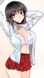 Rule 34 | 00s, 1girl, arms up, black eyes, black hair, blush, bra, breasts, cleavage, cosaten, cowboy shot, highres, large breasts, looking at viewer, midriff, miniskirt, open clothes, open shirt, pleated skirt, school rumble, shirt, simple background, skirt, smile, solo, standing, suou mikoto (school rumble), sweatdrop, underwear