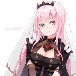 Rule 34 | 1girl, black dress, blush, breasts, character name, cleavage, closed mouth, commentary request, dress, hololive, hololive english, hot kakigoori, long hair, looking at viewer, medium breasts, mori calliope, pink hair, red eyes, see-through, simple background, smile, solo, spikes, tiara, upper body, veil, very long hair, virtual youtuber, white background