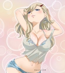 Rule 34 | 1girl, arm behind head, armpits, arms up, blonde hair, blue eyes, blue shorts, bra, breasts, cleavage, earrings, eden&#039;s zero, frilled bra, frills, gaston18, hair ornament, hairclip, highres, jewelry, large breasts, long hair, looking at viewer, midriff, navel, parted lips, rebecca bluegarden, shirt, shorts, simple background, solo, torn clothes, underwear