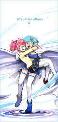 Rule 34 | 10s, 2013, 2girls, arms around neck, blue hair, blush, boots, cape, carrying, closed eyes, detached sleeves, face-to-face, fortissimo, gloves, hair ornament, hair ribbon, happy birthday, heart, kaname madoka, magical girl, mahou shoujo madoka magica, mahou shoujo madoka magica (anime), mahou shoujo madoka magica movie 1 &amp; 2, miki sayaka, multiple girls, musical note, musical note hair ornament, open mouth, pink hair, princess carry, ribbon, school uniform, short twintails, silverxp, skirt, smile, thighhighs, twintails, white legwear, zettai ryouiki