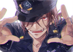 Rule 34 | 10s, 1boy, ailm, free!, hat, long hair, male focus, matsuoka rin, open mouth, police, police hat, police uniform, ponytail, red eyes, red hair, sharp teeth, teeth, uniform