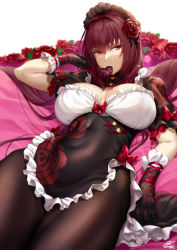 Rule 34 | 1girl, alternate costume, black gloves, black headwear, black pantyhose, breasts, chocolate, covered navel, elbow gloves, fate/grand order, fate (series), flower, gloves, large breasts, long hair, looking at viewer, lying, mouth hold, okitakung, on back, pantyhose, purple eyes, purple hair, red eyes, rose, scathach (fate), signature, solo, thighs