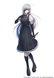 Rule 34 | 1girl, ahoge, black dress, black footwear, black gloves, blue eyes, boots, bow, commentary request, dress, elbow gloves, eyepatch, frills, gloves, grey hair, holding, holding knife, k-suwabe, knife, long hair, official art, puffy short sleeves, puffy sleeves, red bow, shirt, short sleeves, simple background, sleeveless, sleeveless dress, smile, solo, taimanin (series), taimanin rpgx, white background, white shirt