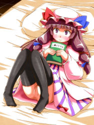 Rule 34 | 1girl, akagi yuuto, anus, bad id, bad pixiv id, black thighhighs, blush, book, dress, female focus, hair ribbon, hat, holding, holding book, long hair, lying, multicolored clothes, multicolored dress, no panties, on back, patchouli knowledge, pillow, pink dress, purple dress, purple eyes, purple hair, pussy, ribbon, solo, striped clothes, striped dress, thighhighs, touhou, uncensored