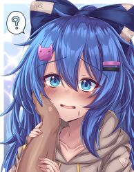 Rule 34 | 1boy, 1girl, ?, blue bow, blue eyes, blue hair, border, bow, brown hoodie, cat hair ornament, collarbone, commentary request, double-parted bangs, frown, grabbing another&#039;s arm, hair between eyes, hair bow, hair ornament, hairclip, hand on another&#039;s cheek, hand on another&#039;s face, hetero, highres, hood, hood down, hoodie, long hair, looking at viewer, open mouth, pov, pov hands, simple background, siw0n, solo focus, speech bubble, spoken question mark, sweatdrop, touhou, tsurime, white border, yorigami shion