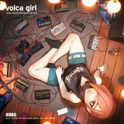 Rule 34 | 1girl, aurahack, bare shoulders, black footwear, black shirt, cable, english text, hair over one eye, headphones, highres, korg, looking at viewer, looking up, parted lips, red eyes, red hair, shirt, short shorts, shorts, sitting, socks, solo, thighs, watch