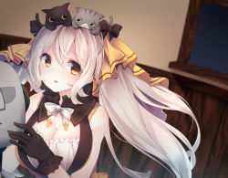 Rule 34 | 1girl, 2others, animal, animal on head, blush, bow, bowtie, breasts, cat, cat on head, cleavage, commentary request, fuuen (akagaminanoka), gloves, hair between eyes, hair bow, highres, indie virtual youtuber, indoors, long hair, looking at viewer, medium breasts, multiple others, on head, open mouth, original, sidelocks, sleeveless, vest, virtual youtuber, wall, white hair, window, yellow eyes