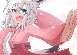 Rule 34 | 1girl, animal ear fluff, animal ears, blush, braid, cherry blossoms, commentary request, extra ears, fang, fox ears, fox girl, fox tail, green eyes, hair between eyes, highres, hololive, japanese clothes, kasaneko, kimono, long hair, looking at viewer, obi, open mouth, outstretched arms, pink kimono, sash, shirakami fubuki, sidelocks, single braid, skin fang, solo, tail, virtual youtuber, white hair