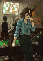 Rule 34 | 1girl, 2boys, absurdres, animal ears, artist name, ball, billiard ball, billiards, black pants, blue shirt, brown hair, collared shirt, cue stick, empty bottle, feet out of frame, hair between eyes, highres, holding, holding ball, holding cue stick, horse ears, horse girl, horse tail, kareeda (deadtree5656), long hair, long sleeves, multicolored hair, multiple boys, pants, pool table, poster (object), red eyes, shirt, sirius symboli (umamusume), solo focus, streaked hair, striped clothes, striped shirt, symboli rudolf (umamusume), table, tail, trash, trash can, umamusume, vertical-striped clothes, vertical-striped shirt, watch, watching television, wristwatch