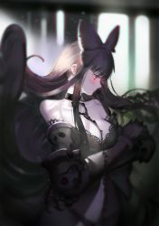Rule 34 | 10s, 1girl, abyssal ship, black hair, bow, breasts, chain, chromatic aberration, female focus, gothic lolita, gradient background, hair bow, highres, hoshimawa, kantai collection, large breasts, lolita fashion, long hair, red eyes, seaplane tender princess, solo