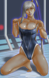 Rule 34 | 1girl, areola slip, barefoot, breasts, code geass, competition swimsuit, dark-skinned female, dark skin, head tilt, highres, kneeling, large breasts, lipstick, long hair, makeup, one-piece swimsuit, one-piece tan, parted lips, ponytail, puddle, silver hair, solo, strap slip, swimsuit, tan, tanline, toten (der fuhrer), villetta nu, water, yellow eyes