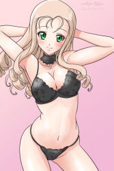 Rule 34 | 1girl, armpits, arms behind head, arms up, artist name, black bra, black choker, black panties, blonde hair, bra, breasts, choker, cleavage, closed mouth, commentary, cowboy shot, dated, drill hair, girls und panzer, green eyes, lace, lace bra, lace choker, lace panties, lingerie, long hair, looking at viewer, marie (girls und panzer), matsui yasutsugu, medium breasts, navel, one-hour drawing challenge, panties, pink background, signature, smile, solo, standing, string panties, underwear, underwear only