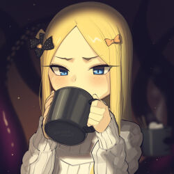 Rule 34 | 1girl, abigail williams (fate), black bow, blonde hair, blue eyes, blurry, blurry background, blush, boa (brianoa), bow, breasts, coffee mug, cup, drinking, fate/grand order, fate (series), forehead, highres, long hair, long sleeves, looking at viewer, mug, orange bow, parted bangs, small breasts, solo, sweater, tentacles, white sweater