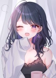 Rule 34 | 1girl, ;o, black camisole, black hair, braid, breasts, camisole, colored inner hair, cup, curtains, diamond-shaped pupils, diamond (shape), earrings, french braid, highres, holding, holding cup, jacket, jewelry, koshimizu toru, koshimizu toru (2nd costume), looking at viewer, medium breasts, mole, mole under eye, multicolored hair, nijisanji, off shoulder, official alternate hairstyle, one eye closed, open clothes, open jacket, purple hair, shain, single bare shoulder, sleepy, sleeves past fingers, sleeves past wrists, solo, swept bangs, symbol-shaped pupils, triangle earrings, upper body, virtual youtuber, white jacket, yawning