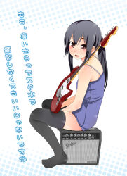 Rule 34 | 1girl, alternate hairstyle, amplifier, female focus, full body, gradient background, guitar, halftone, halftone background, highres, instrument, k-on!, kazuha nanako, nakano azusa, nanako (artist), one-piece swimsuit, ponytail, school swimsuit, solo, swimsuit, thighhighs, white background