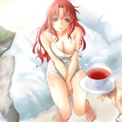 Rule 34 | 1girl, barefoot, bed sheet, blue eyes, blush, breasts, cleavage, cup, covered erect nipples, hi-yo, hong meiling, large breasts, long hair, looking at viewer, open mouth, red hair, saucer, sitting, smile, solo focus, strap slip, tea, teacup, touhou, v arms, wrist cuffs