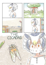 Rule 34 | 1girl, black hair, blonde hair, book, bookshelf, bug, chibi, cicada, comic, commentary request, day, dress, grey hair, holding, holding book, indoors, insect, kemono friends, medium hair, multicolored hair, murakami kou (raye), nervous, northern white-faced owl (kemono friends), orange eyes, owl ears, page number, shaded face, silent comic, sleeveless, sleeveless dress, surprised, sweat, nervous sweating, table, v-shaped eyebrows, white hair