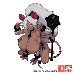 Rule 34 | 1girl, animal ears, breasts, dark-skinned female, dark skin, highres, huge breasts, long hair, mouse ears, mouse tail, multiple arms, patreon logo, red eyes, shawnger, tail, unusual pupils, v, watermark, white hair, yellow eyes