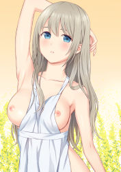 Rule 34 | 1girl, apron, arm behind head, arm up, banned artist, bare arms, bare shoulders, blue eyes, blush, breasts, breasts out, collarbone, commentary request, eyebrows hidden by hair, flower, grey hair, long hair, medium breasts, n.g., naked apron, nipples, original, parted lips, solo, upper body, very long hair, yellow flower