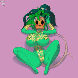 Rule 34 | 1girl, areola slip, armpits, arms behind head, ass, black tape project, blaster master zero, blaster master zero 2, blush stickers, breasts, colored nipples, colored skin, covered erect nipples, flower, goggles, goggles on head, green nipples, green skin, highres, huge breasts, kanna (blaster master zero), lying, mitizart, monster girl, navel, nipples, one eye closed, open clothes, plant girl, smile, swimsuit, tail, thick thighs, thighs, underboob
