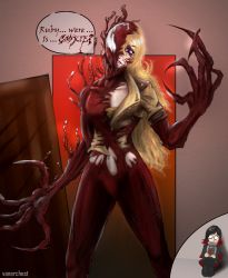 Rule 34 | absurdres, ahoge, black dress, black footwear, black hair, black legwear, blonde hair, bodysuit, boots, breasts, brown jacket, cape, carnage (marvel), claws, cleavage, cloak, corset, cross, cross-laced footwear, crossover, dress, english text, engrish text, evil grin, evil smile, frilled dress, frills, gradient hair, grin, half mask, highres, hood, hooded cloak, huge filesize, jacket, klyntar, knee boots, lace-up boots, large breasts, long hair, long sleeves, marvel, mask, midriff, multicolored hair, open mouth, orange scarf, pantyhose, puffy short sleeves, puffy sleeves, purple eyes, ranguage, red cape, red hair, ruby rose, rwby, scared, scarf, sharp teeth, shirt, short hair, short sleeves, smile, speech bubble, spider-man (series), strapless, symbiote, teeth, tentacles, tube top, two-tone hair, vanerchest, wavy hair, yang xiao long, yellow shirt