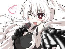 Rule 34 | 10s, abyssal ship, aircraft carrier oni, blush, colored skin, commentary request, dress, fang, gauntlets, goma (gomasamune), heart, heart background, holding, kantai collection, long hair, microphone, one eye closed, red eyes, sailor dress, school uniform, serafuku, side ponytail, simple background, solo, white hair, white skin