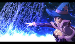 Rule 34 | 1girl, breast suppress, breasts, brooch, brown hair, cape, cleavage, from side, fur trim, hat, hat ribbon, jewelry, large breasts, letterboxed, long sleeves, magic circle, open mouth, outstretched arm, purple eyes, ragnarok online, ribbon, solo, star (symbol), star print, toujou akira, upper body, witch hat, wizard, wizard (ragnarok online)
