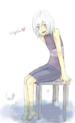 Rule 34 | alternate costume, barefoot, blush, bubble, eyebrows visble through hair, feet underwater, hand on object, heart, hoozuki suigetsu, looking at viewer, male focus, open mouth, purple eyes, shorts, simple background, sitting, sitting on object, skinny, smile, venicess, white background, white hair