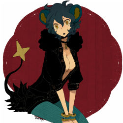 Rule 34 | 1girl, animal ears, blue hair, blue pantyhose, bracelet, breasts, choker, cleavage, costume, creatures (company), game freak, gen 4 pokemon, jacket, jewelry, l hakase, lowres, luxray, nintendo, open mouth, pantyhose, pantyhose under shorts, personification, pokemon, short shorts, shorts, solo, striped clothes, striped pantyhose, tail, vertical-striped clothes, vertical-striped pantyhose, yellow eyes