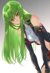 Rule 34 | 1girl, bare shoulders, black gloves, black vest, blush, breasts, c.c., code geass, commentary request, creayus, crop top, elbow gloves, eyes visible through hair, gloves, gradient background, green hair, grey background, hands on own thighs, leaning forward, long hair, medium breasts, navel, open clothes, open vest, simple background, sleeveless, solo, standing, stomach, straight hair, tsurime, very long hair, vest, yellow eyes