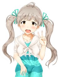 Rule 34 | 1girl, absurdres, ahoge, aqua dress, arm up, blush, breasts, brown eyes, cardigan, collarbone, dress, green ribbon, hair ribbon, hakozaki serika, hand on lap, head tilt, highres, idolmaster, idolmaster million live!, kimu (klmhud), light brown hair, long hair, open mouth, ribbon, short sleeves, simple background, small breasts, solo, striped clothes, striped dress, teeth, twintails, upper teeth only, v, white background, white cardigan