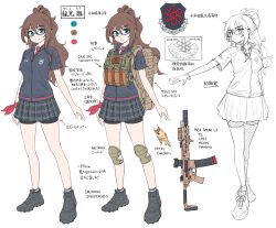 Rule 34 | 1girl, bike shorts, black jacket, black shorts, black socks, breasts, brown gloves, brown hair, closed mouth, collared shirt, color guide, commentary request, gloves, green eyes, grey footwear, grey skirt, gun, hair between eyes, highres, jacket, kzm (sub-moa works), long hair, multiple views, necktie, original, plaid, plaid skirt, pleated skirt, ponytail, red necktie, shirt, shoes, short sleeves, shorts, shorts under skirt, simple background, skirt, small breasts, smile, socks, standing, translation request, v-shaped eyebrows, very long hair, weapon, weapon request, white background, white shirt