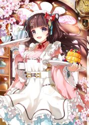 Rule 34 | 1girl, :d, absurdres, apron, bell, blueberry, blunt bangs, blush, bow, choker, clipboard, clock, cowboy shot, cup, day, fang, flower, food, frilled apron, frills, fruit, gari (apollonica), glint, hair bell, hair bow, hair ornament, hairclip, highres, holding, holding tray, indoors, japanese clothes, jingle bell, kimono, leaf, letter, long hair, long sleeves, looking at viewer, maid headdress, open mouth, original, pendulum, pink flower, pink kimono, pocket, raspberry, red bow, red ribbon, ribbon, ribbon choker, sash, shelf, skin fang, smile, solo, standing, strawberry, syrup, tareme, teacup, teapot, tray, twintails, very long hair, waitress, white apron, wide hips, wide sleeves, window, yellow ribbon