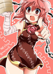 Rule 34 | 1girl, bandages, blush, brown eyes, chain, chinese clothes, dated, double bun, hair bun, ibaraki kasen, open mouth, pink hair, pointing, pointing at viewer, short hair, simple background, solo, touhou, train 90, twitter username