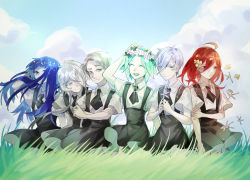 Rule 34 | 6+others, :d, ahoge, androgynous, antarcticite, aqua hair, arm up, artist request, blue eyes, blue hair, blue sky, cairngorm (houseki no kuni), cinnabar (houseki no kuni), closed eyes, cloud, colored eyelashes, colored skin, crossed arms, day, facing viewer, flower, gem uniform (houseki no kuni), ghost quartz (houseki no kuni), grass, green hair, grey eyes, grey hair, group picture, hair between eyes, hair flower, hair ornament, hair over one eye, hand in own hair, happy, head wreath, highres, hime cut, holding, holding flower, houseki no kuni, lapis lazuli (houseki no kuni), long bangs, long hair, medium hair, mercury (element), multiple others, necktie, open mouth, outdoors, phosphophyllite, raised eyebrow, red eyes, red hair, scenery, short hair, side-by-side, sitting, sky, smile, sparkle, suspenders, time paradox, white eyes, white hair, white skin