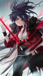 Rule 34 | 1girl, black gloves, black hair, breasts, closed mouth, fingerless gloves, gloves, green eyes, hair ribbon, highres, holding, holding sword, holding weapon, katana, looking away, medium breasts, original, pixiv fantasia, pixiv fantasia revenge of the darkness, qidai, red ribbon, ribbon, solo, sword, weapon, white gloves