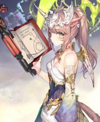 Rule 34 | 10s, 1girl, animal ears, book, breasts, cat ears, cat girl, cat tail, cleavage, crown, detached sleeves, dress, earrings, facial mark, final fantasy, final fantasy xiv, green eyes, high ponytail, highres, jewelry, long hair, miqo&#039;te, momoko (momopoco), ponytail, solo, summoner (final fantasy), tail, warrior of light (ff14)